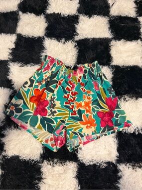 SHEIN Tropical Floral High Waist Shorts in Teal, Pink & Orange